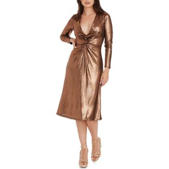 Dress The Population Daria Metallic Long Sleeve Fit & Flare Dress in Bronze at Nordstrom Rack, Size Small