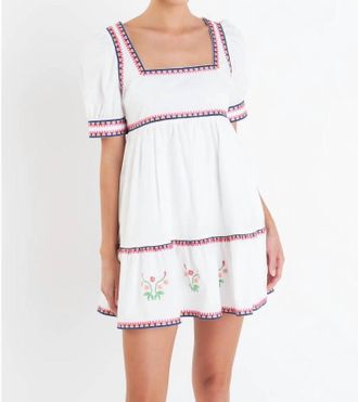 English Factory Embroidered Short Sleeve Dress In Ivory Multi