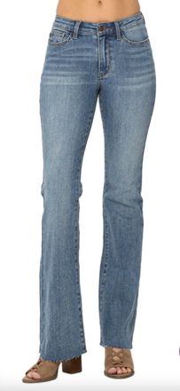 Judy Blue Tummy Control Mid Rise Cut Hem Flare Jeans In Vintage Wash