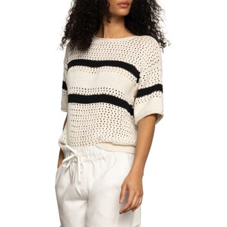 Sanctuary Stripe Open Stitch Elbow Sleeve Cotton Sweater in Black/Chalk Stripe at Nordstrom Rack, Size X-Small