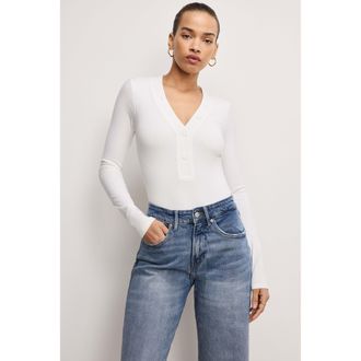Good American Womens Ribbed Henley Bodysuit | Ivory, Size Medium | Good American by KhloÈ Kardashian