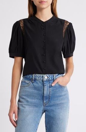 Frame Denim Lace Inset Silk Button-Up Shirt in Black at Nordstrom Rack, Size X-Small