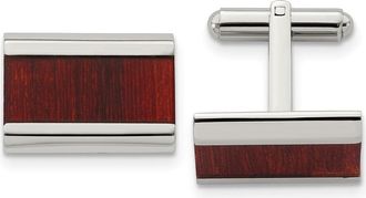 Diamond2Deal Stainless Steel Polished Red Koa Wood Inlay Rectangle Cufflinks