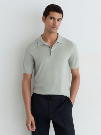 Reiss Minty Sage Green Merino Wool Short-sleeve Polo Shirt, XL