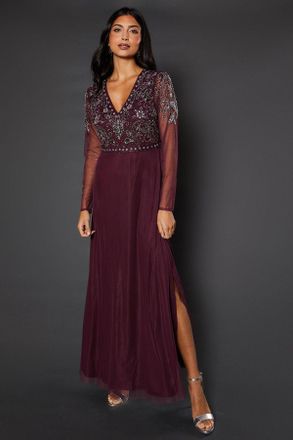 Wallis Womens Occasion Embellished Mesh Maxi Dress - Wine - Size 16 UK