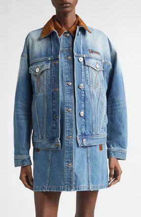 Versace Suede Trim Stonewash Denim Trucker Jacket in Medium Blue at Nordstrom, Size 12 Us