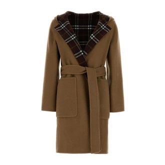 Burberry Belted Coats, female, Brown, Size: XS Reversible Wool Hooded Wrap Coat