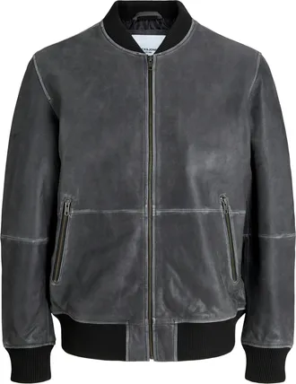 Jack & Jones Lederjacke JACK & JONES JJECHARGE LEATHER BOMBER SN, Herren, Gr. L, schwarz (schwarz detail:washed), Web, Obermaterial: 100% Lammleder, unifarben, reg
