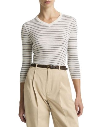 Vince Striped High V-Neck Cashmere & Silk-Blend Sweater