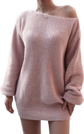 Generic Womens Off-Shoulder Dress, Lantern Sleeve Knit Mini with Ribbed Cuffs for Casual Comfort and Chic Style (Pink,S)