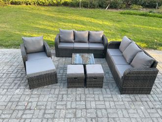Fimous Outdoor Rattan Garden Furniture Set Conservatory Patio Sofa Coffee Table With Reclining Chair 3 Footstools Dark Grey Mixed