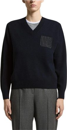 PESERICO Trui van wol- zijde en kasjmier - Dames - V-hals truien - Blauw - XL - Wol - Truien & Vesten