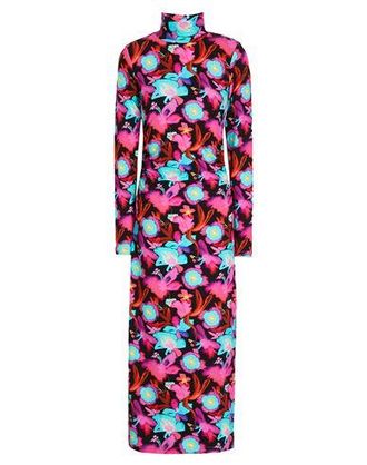 8 by YOOX VISCOSE HIGH-NECK PRINTED MIDI DRESS W/ RUCHED SIDE SEAM
