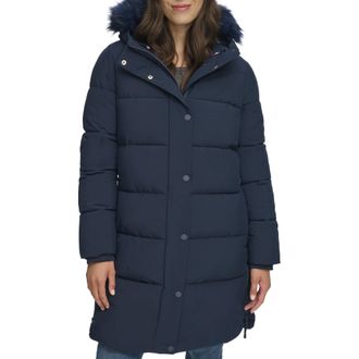 Tommy Hilfiger Womens Cold Weather Fur Trimmed Long Puffer Coat Jacket, Navy, S