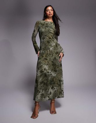 Ra-Re London - Vestito lungo a maniche lunghe in rete verde con stampa a fiori d&eacute;vor&eacute; e allacciatura sul davanti