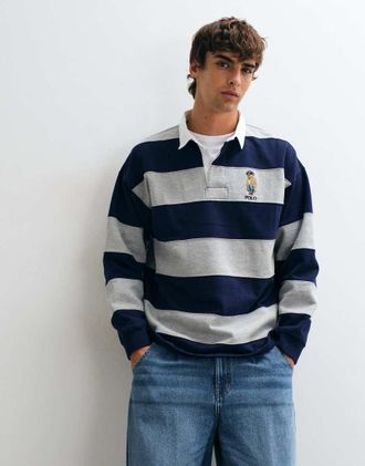 Polo Ralph Lauren maglia rugby con logo orso in navy e grigio-blu navy