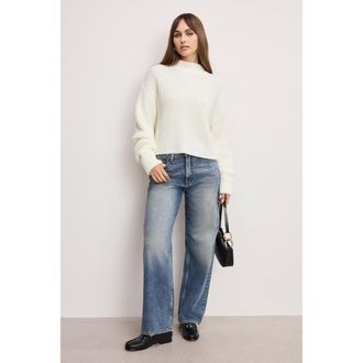 Good American Womens Chunky Knit Mock Neck Sweater | Ivory, Size Medium | Good American by Khlo&Egrave; Kardashian