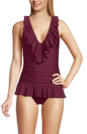 Lands End Ruffle Plunge Skirted High Leg One Piece in Burgundy Spritz at Nordstrom, Size 18