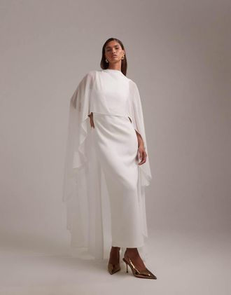 Asos Vestito da sposa lungo color avorio con mantella-Bianco