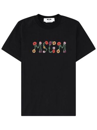 Msgm Floral Logo Cotton Crewneck T-Shirt