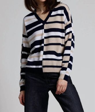 Minnie Rose Cashmere Stripe V Neck Sweater In Navy Combo