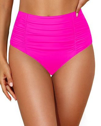 Holipick Bathing Suit Bottoms for Women - High Waisted Bikini Bottoms Ruched Tummy Control Swimsuit Bottom, Pink, Large