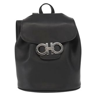 Ferragamo Gancini Flap Drawstring Leather Black Leather Backpack Bag (Pre-Owned)