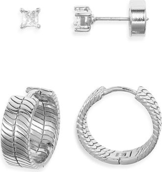 Nordstrom Demifine Herringbone Hoop & Cubic Zirconia Stud Set in Sterling Silver Plated at Nordstrom