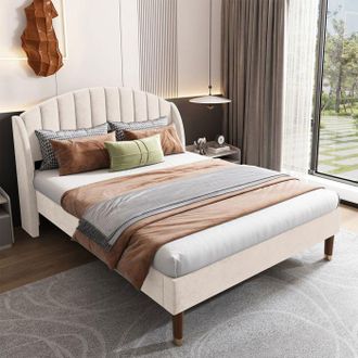OEM Letto 140x190 Cm - Nexu - Letto Imbottito 140x190 - Rete A Doghe In Legno - Velluto Beige