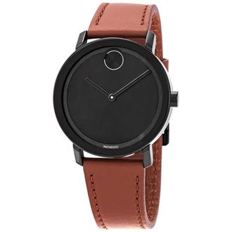 Movado Bold Black Sunray Dial Cognac Leather Mens Watch 3600537