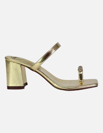 XY London Womens XY London Womens/Ladies Daiquiri Diamante Double Strap Medium Block Heel Mule Sandals - Metallic Gold - Size: 6