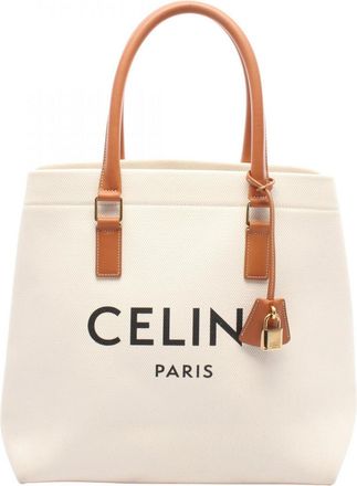 Celine Brown White Canvas Leather Tote Bag (Pre-Owned)