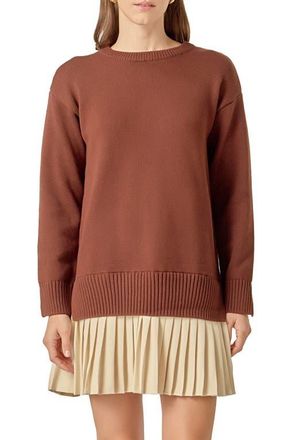 English Factory Mixed Media Long Sleeve Pleated Minidress in Chocolate Brown/Tan at Nordstrom, Size X-Small