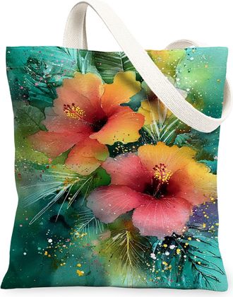 Generic Floral Canvas Tote Bags, Artistic Flower Print Reusable Grocery Bags, Summer Vintage Lightweight Washable Shoulder Strap Ca, Green, 13x15 Inch