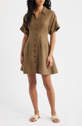 Madewell Pleated Linen Mini Shirtdress in Safari Khaki at Nordstrom, Size Xx-Small