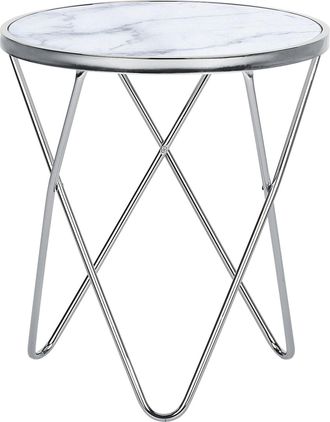 Beliani Beliani - Mesa Auxiliar Tablero De Cristal Templado Con Efecto M&aacute;rmol Blanco Patas De Horquilla De Metal Plateado Forma Redonda Meridian Ii