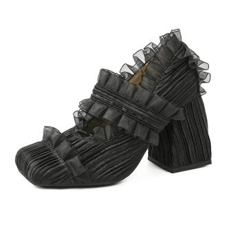 Generic JCVBN Fashion Mary Jane Shoes Women Pumps Lace Pleated Square Toe Sweet Lolita Shallow Retro Elegant High Heels Wedding Ladies Black