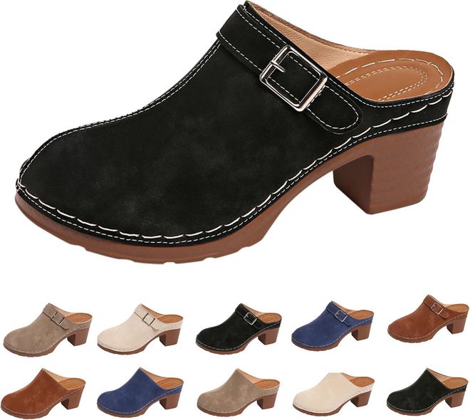 Womens Suede Leather Clogs Chunky Block Heel Closed Toe Slip on Backless Mules Sandals Comfortable Wide Fit Antil Slip Slide Loafers Lightweight Heele