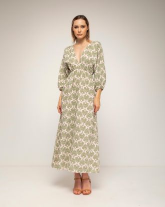 Tantra Geprinte jurk met elastische taille, V-hals en V-rug en vetersluiting