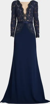 Tadashi Shoji Plunging Illusion Lace & Crepe Gown