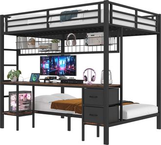 STILVORA Cama Alta 140 X 200 Cm, Cama Doble Con Escritorio, Cajones, Estantes, Rejilla, Led Y Usb, Sin Colch&oacute;n