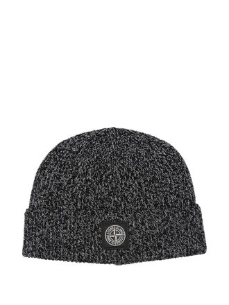 Stone Island logo-patch beanie - men - Polyester/Linen/Flax/Virgin Wool - One Size - Black