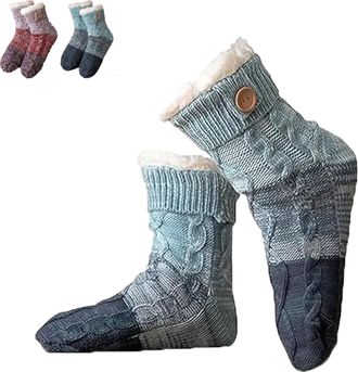 Generic Knitted Ultra-Thick Slipper Home Socks, Tri-color Knit Patchwork Non-Slip Warm Winter Socks, Ultra-Thick Lounge, Non Slip for Women (Blue)