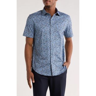 Bugatchi Print Short Sleeve Button-Up Shirt in Night Blue at Nordstrom Rack, Size Xxx-Large