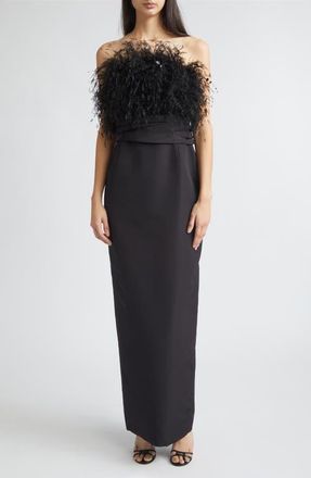 Oscar De La Renta Feather Embroidered Point dEsprit Strapless Silk Faille Gown in Black at Nordstrom, Size 8