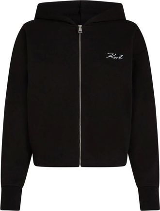 Karl Lagerfeld Hoodies & sweatvesten, Dames, Zwart, L, Katoen, Signature Zip-Up Hoodie