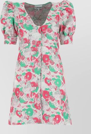 Ganni floral-embroidered jacquard v-neck short-sleeve mini dress