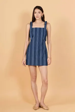 English Factory Stripe Bow Shoulder Mini Dress In Denim