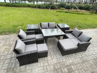 Fimous Garden Furniture Sets 10 Pieces Wicker Rattan Furniture Manual Wicker Patio Sofa Patio Conversation Set with 3 Footstools in Dark Grey