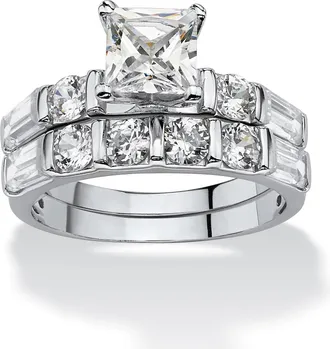 Palm Beach Jewelry 2 Piece 3.46 TCW Princess-Cut Cubic Zirconia Bridal Ring in Platinum-plated
